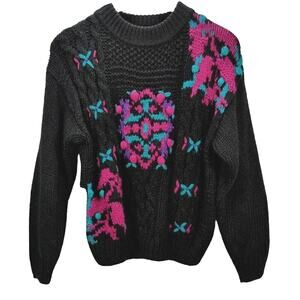 VTG 90s Rafferty Pullover Sweater Womens M Black Chunky Knit Crew Embroidered 3D